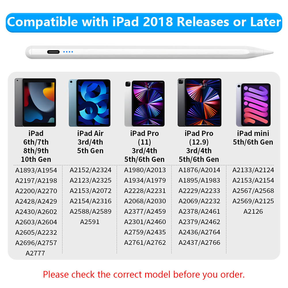 Stylus Pen for Apple Pencil with LED Palm Rejection Touch Pencil for iPad with Power Indicator