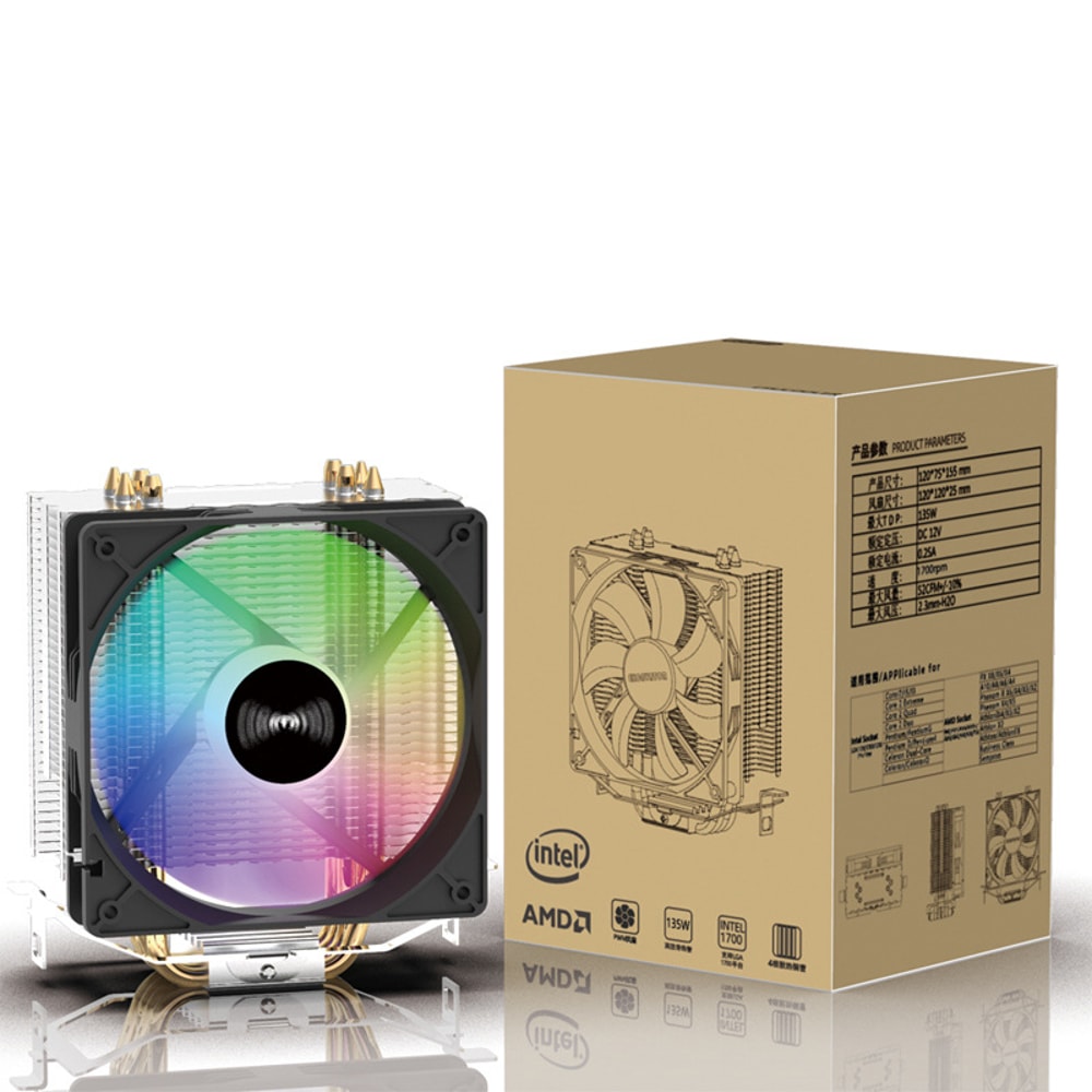 CPU Cooler with 4 Heat Pipes 3PIN PWM Silent RGB Fan Compatible with Intel AMD