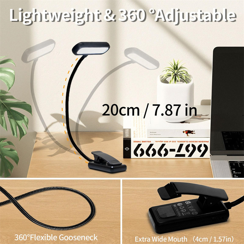 Lightweight USB Rechargeable Book Light 3 Color Modes ClipOn Reading Lamp for Bedtime Travel