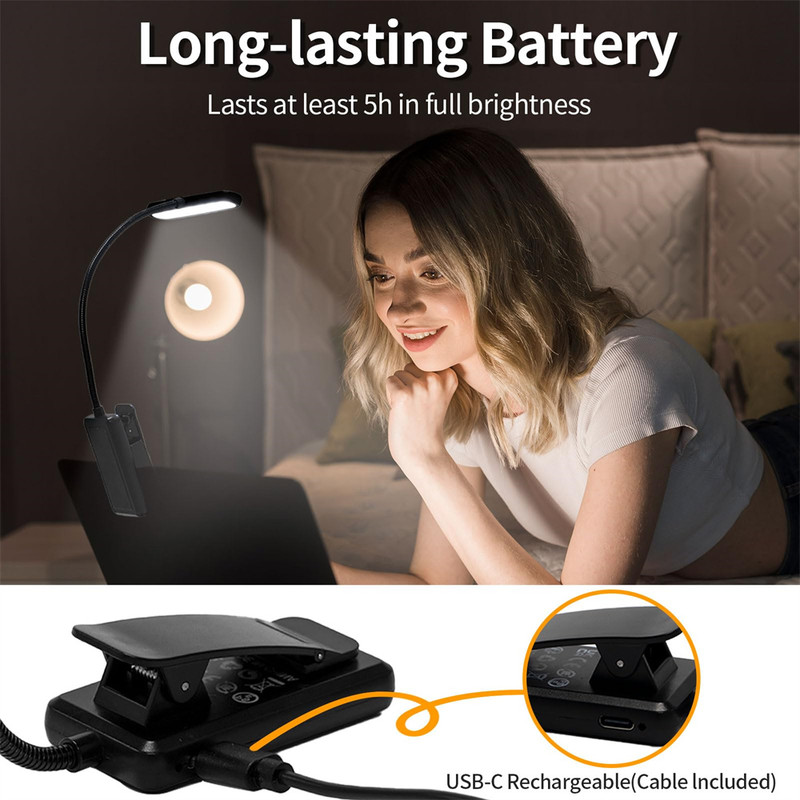 Lightweight USB Rechargeable Book Light 3 Color Modes ClipOn Reading Lamp for Bedtime Travel