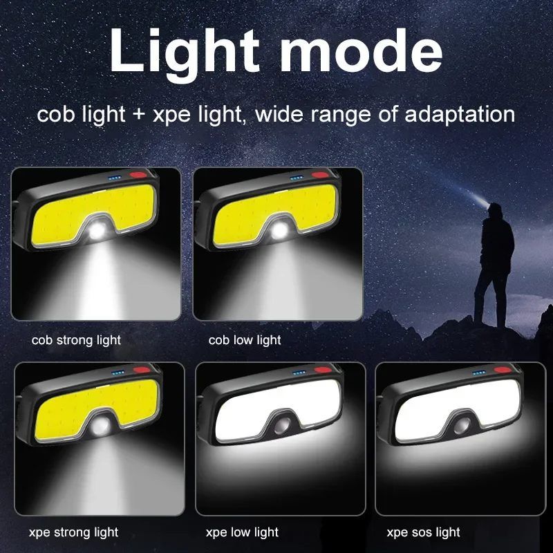 COB LED Rechargeable Headlamp Super Bright 180 Waterproof Head Light for Outdoor Running Camping