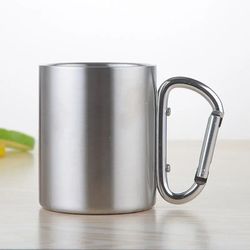 portable stainless steel camping travel cup with carabiner handle, outdoor hiking water mug for picnic & adventure