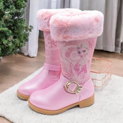 warm disney girls' leather boots, cartoon frozen elsa high zipper boots, plush winter boots for children, princess boots