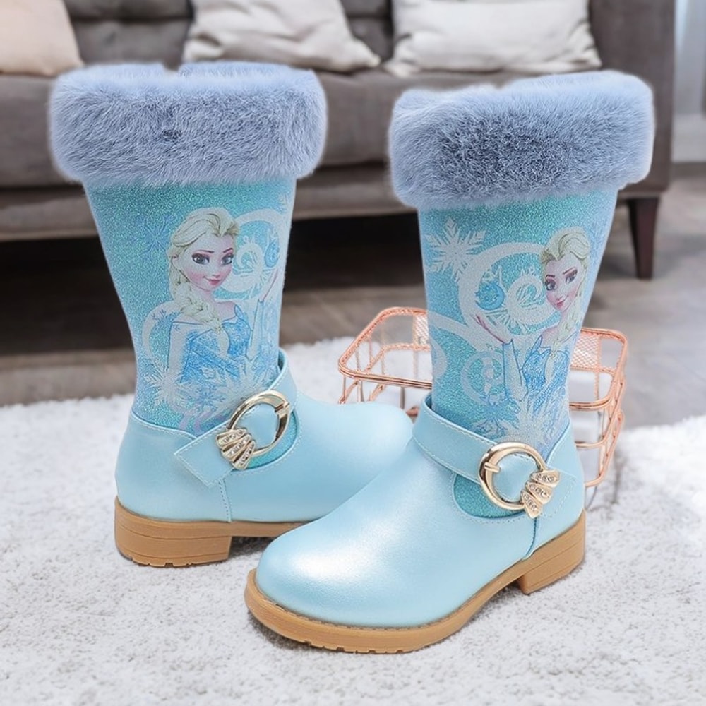 Warm Disney Girls' Leather Boots, Cartoon Frozen Elsa High Zipper Boots, Plush Winter Boots for Children, Princess Boots