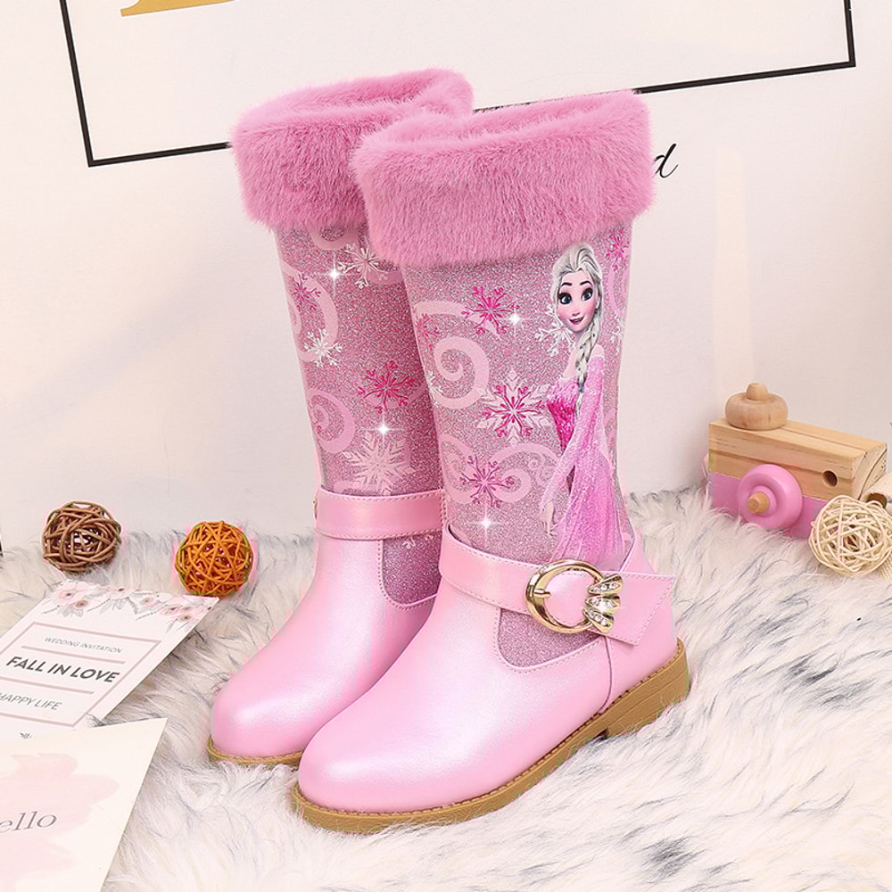 Warm Disney Girls' Leather Boots, Cartoon Frozen Elsa High Zipper Boots, Plush Winter Boots for Children, Princess Boots