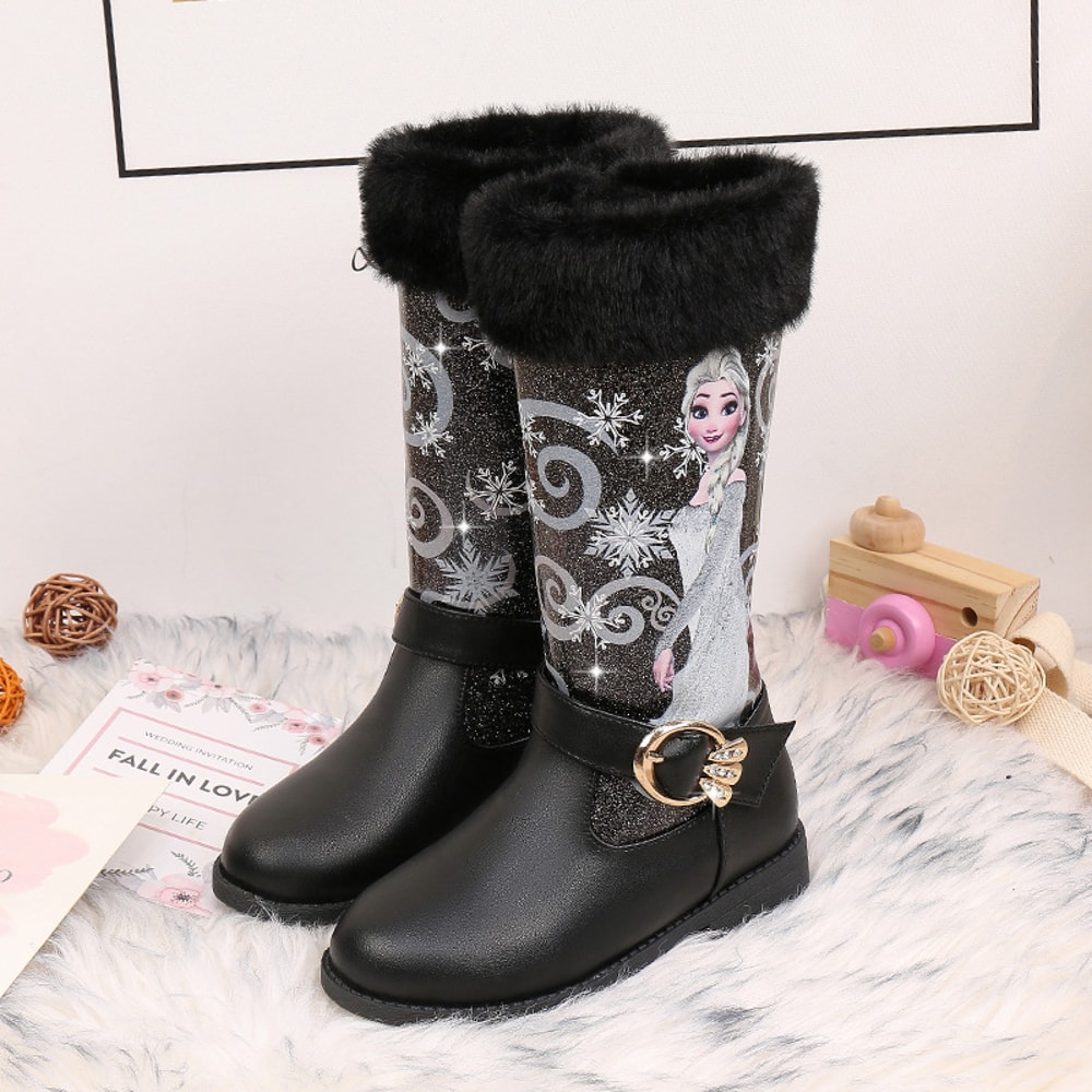 Warm Disney Girls' Leather Boots, Cartoon Frozen Elsa High Zipper Boots, Plush Winter Boots for Children, Princess Boots
