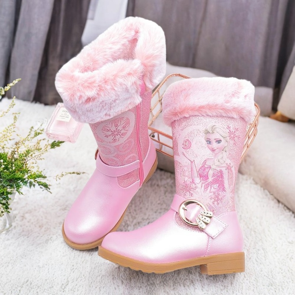 Warm Disney Girls' Leather Boots, Cartoon Frozen Elsa High Zipper Boots, Plush Winter Boots for Children, Princess Boots