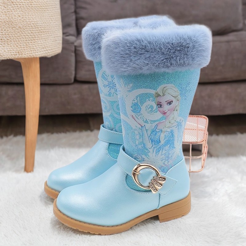 Warm Disney Girls' Leather Boots, Cartoon Frozen Elsa High Zipper Boots, Plush Winter Boots for Children, Princess Boots