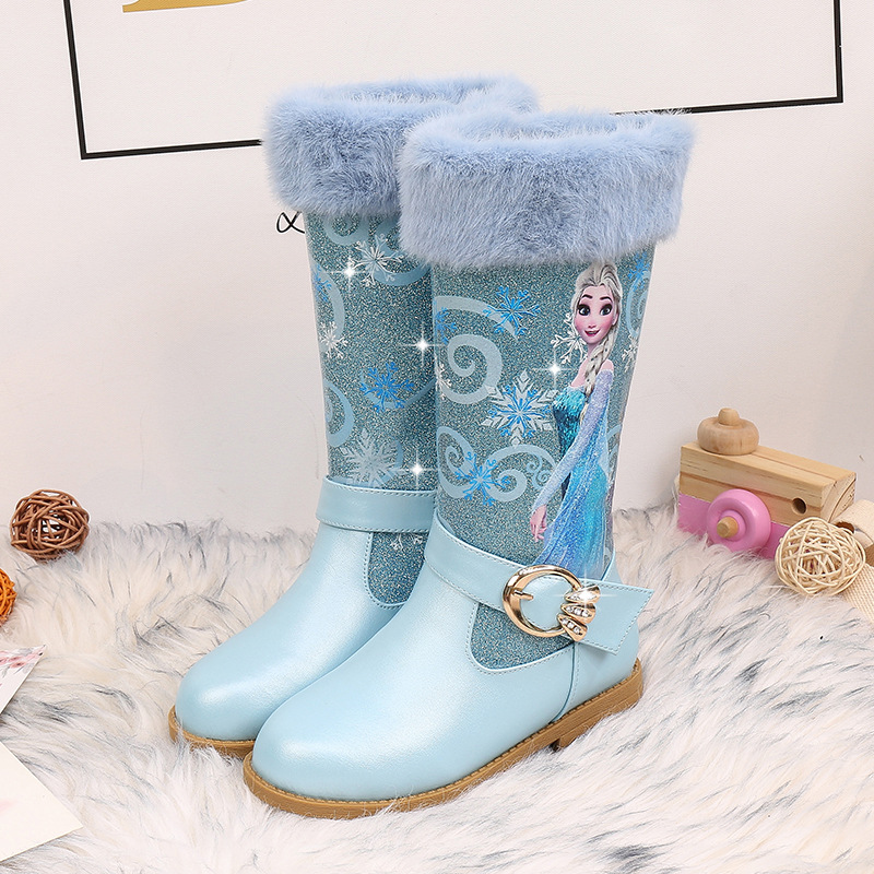 Warm Disney Girls' Leather Boots, Cartoon Frozen Elsa High Zipper Boots, Plush Winter Boots for Children, Princess Boots