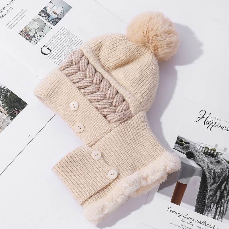 Windproof Coldproof Thicken Balaclava Cap Plush Fur Lined New Style Female Pompoms Winter Hat Keep 10