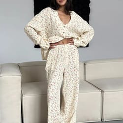 women's new autumn muzuleva cotton printed cardigan pajama set, long sleeved pants pajamas, loose home clothing set