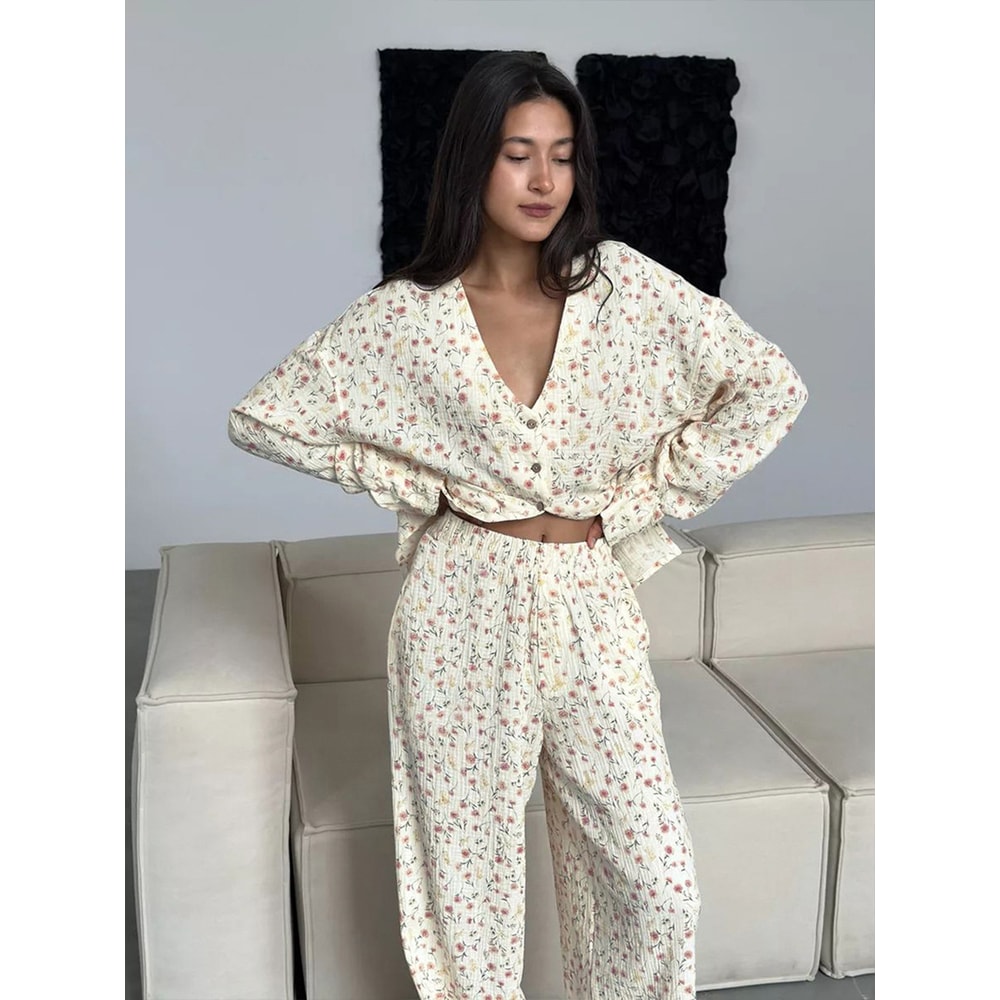 Womens New Autumn Muzuleva Cotton Printed Cardigan Pajama Set Long Sleeved Pants Pajamas Loose Home 1