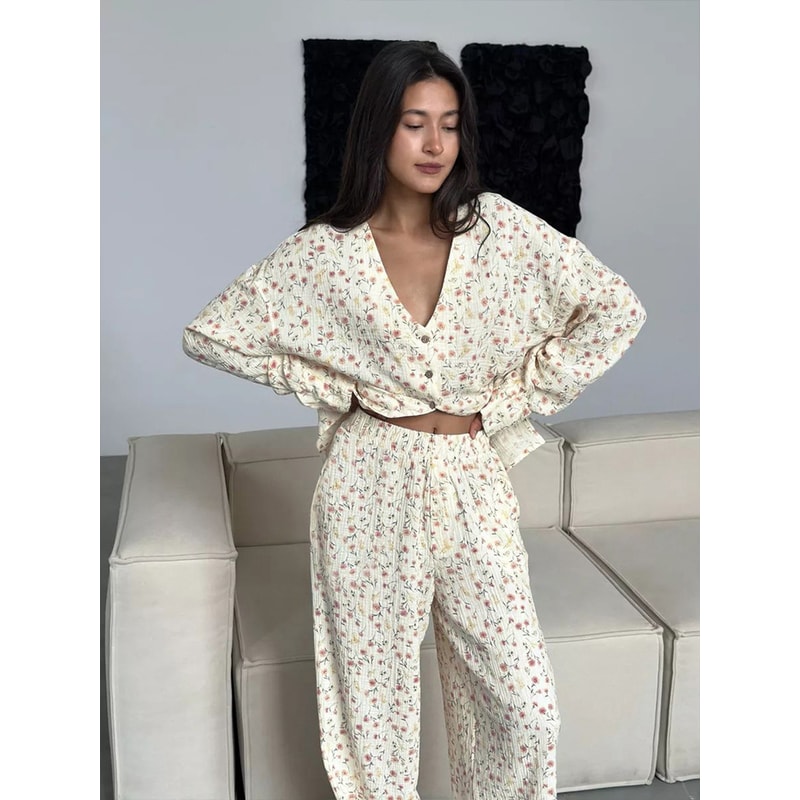 Womens New Autumn Muzuleva Cotton Printed Cardigan Pajama Set Long Sleeved Pants Pajamas Loose Home 1