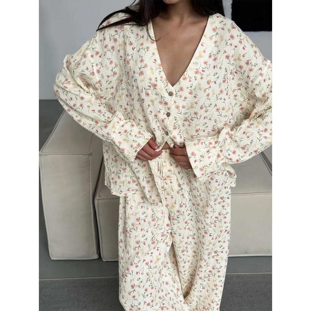 Womens New Autumn Muzuleva Cotton Printed Cardigan Pajama Set Long Sleeved Pants Pajamas Loose Home 3