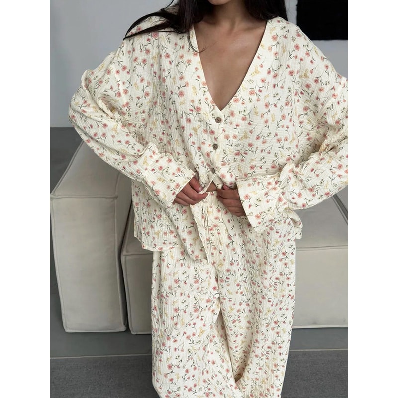 Womens New Autumn Muzuleva Cotton Printed Cardigan Pajama Set Long Sleeved Pants Pajamas Loose Home 3