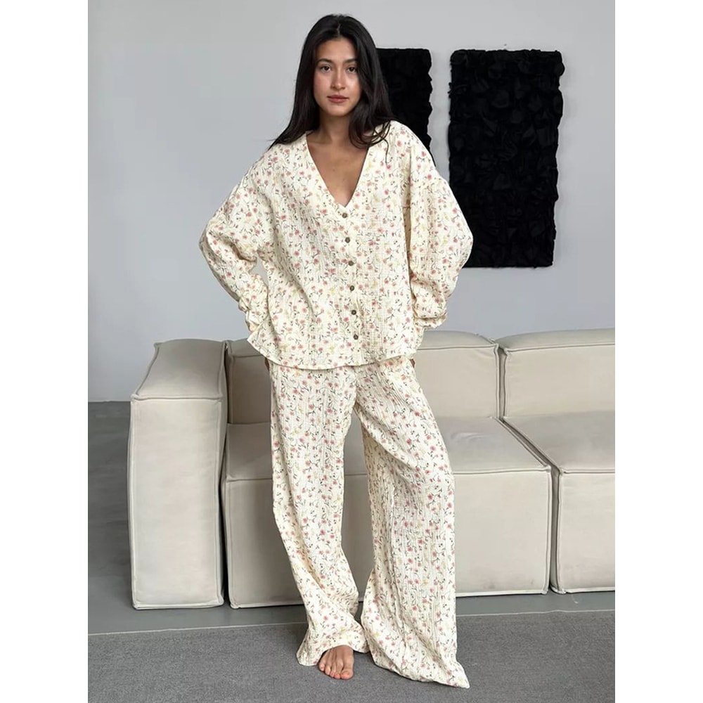 Womens New Autumn Muzuleva Cotton Printed Cardigan Pajama Set Long Sleeved Pants Pajamas Loose Home 4