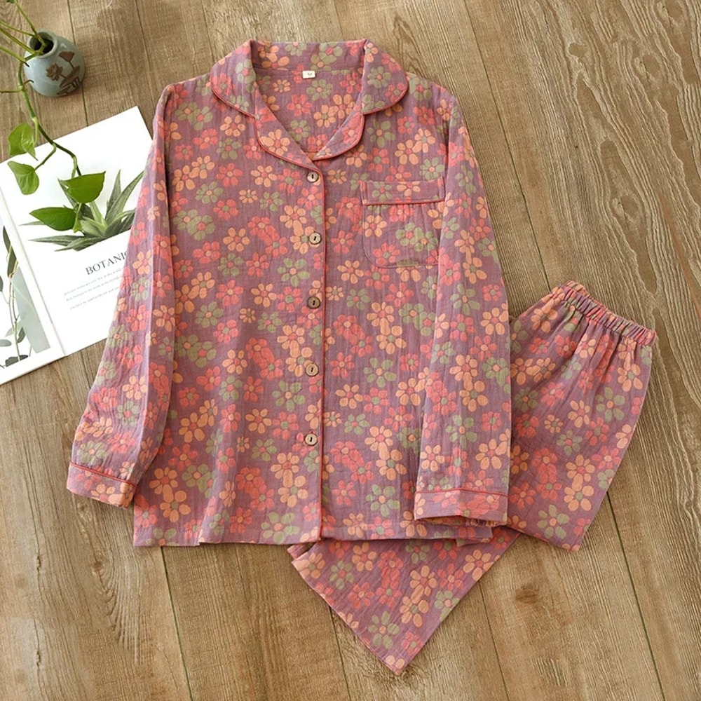 Womens New Spring Pajamas Suit Cotton Crepe TwoPiece LongSleeved Trousers Flower Leaves Home Clothe 4