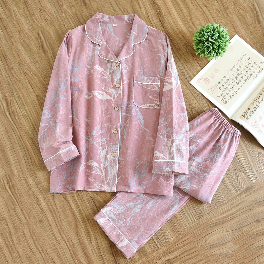 Womens New Spring Pajamas Suit Cotton Crepe TwoPiece LongSleeved Trousers Flower Leaves Home Clothe 5