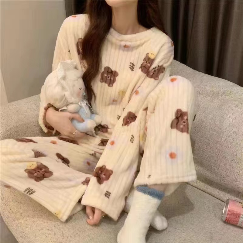 Womens Winter Home Clothes Set Thiened Long Sleeve Coral Fleece Pajamas Cute Cartoon Print Sleepwea 3
