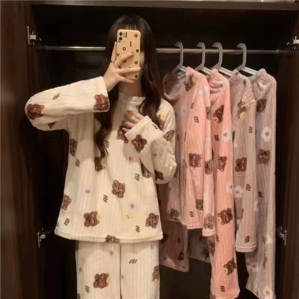 Womens Winter Home Clothes Set Thiened Long Sleeve Coral Fleece Pajamas Cute Cartoon Print Sleepwea 0