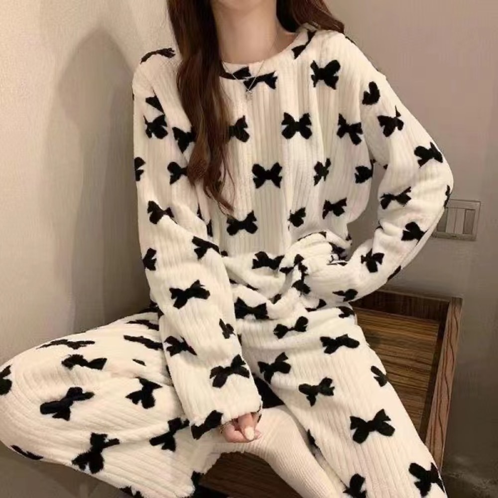 Womens Winter Home Clothes Set Thiened Long Sleeve Coral Fleece Pajamas Cute Cartoon Print Sleepwea 6