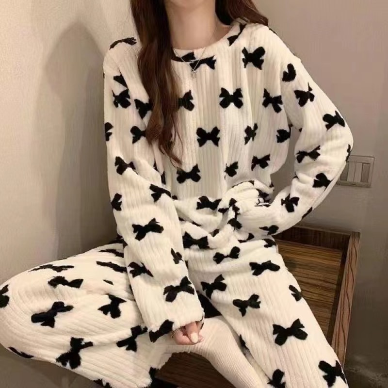 Womens Winter Home Clothes Set Thiened Long Sleeve Coral Fleece Pajamas Cute Cartoon Print Sleepwea 6