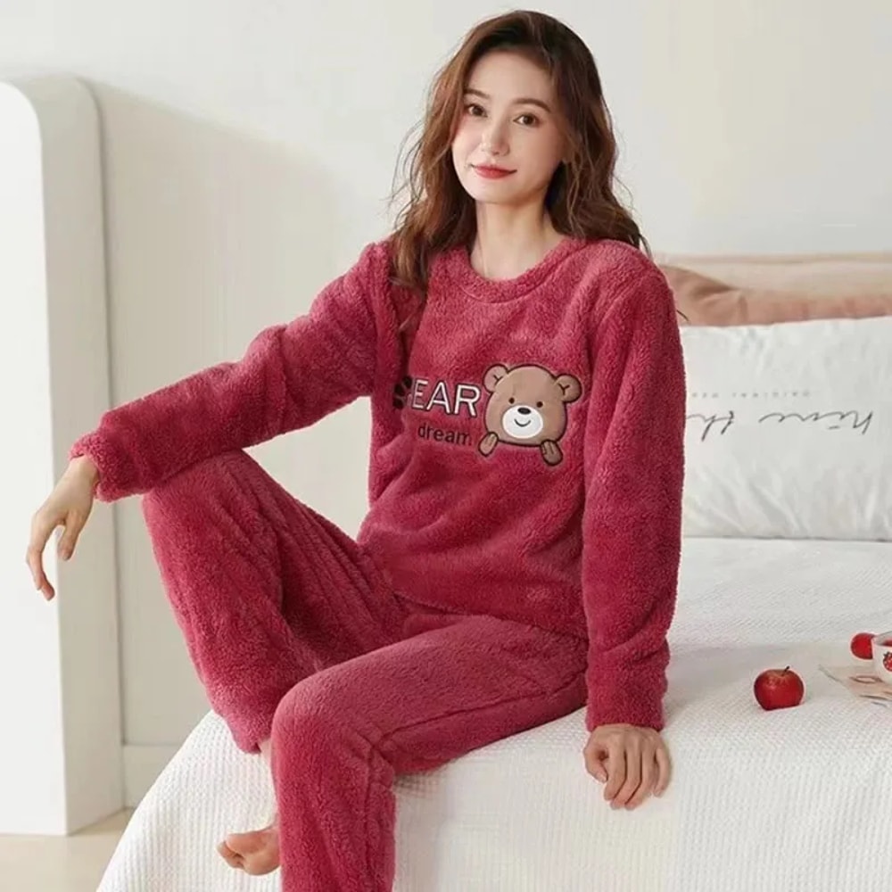 Autumn Winter Cute Cartoon Bear Padded Nightwear Thickened Warm Flannel Women Sleepwear Coral Velve 2