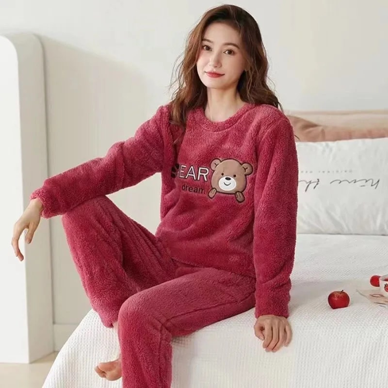 Autumn Winter Cute Cartoon Bear Padded Nightwear Thickened Warm Flannel Women Sleepwear Coral Velve 2
