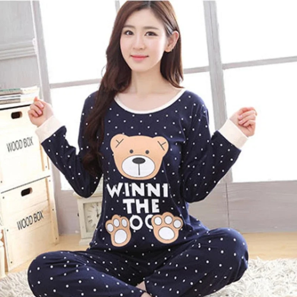 Thin Sexy Sleepwear Lovely Home Suit Autumn Pyjamas Set Women Round Neck Girls Teacup Sleepwear Lon 4