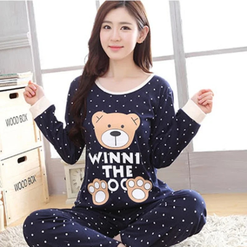 Thin Sexy Sleepwear Lovely Home Suit Autumn Pyjamas Set Women Round Neck Girls Teacup Sleepwear Lon 4