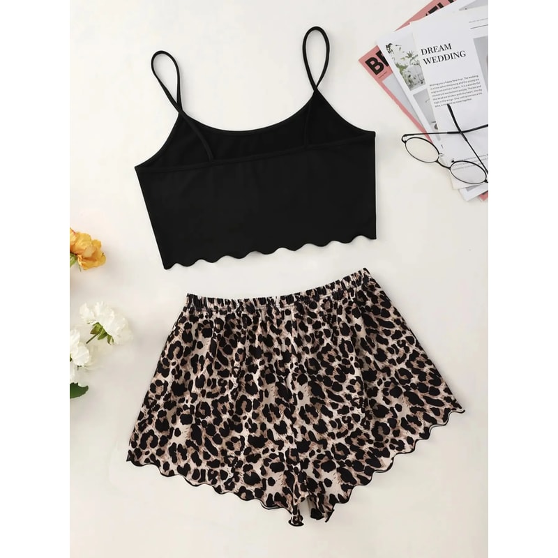 Sexy Womens Pajamas Set Leopard Print Sling Sleepwear VNeck Sleeveless Top And Shorts Set Comfortab 2