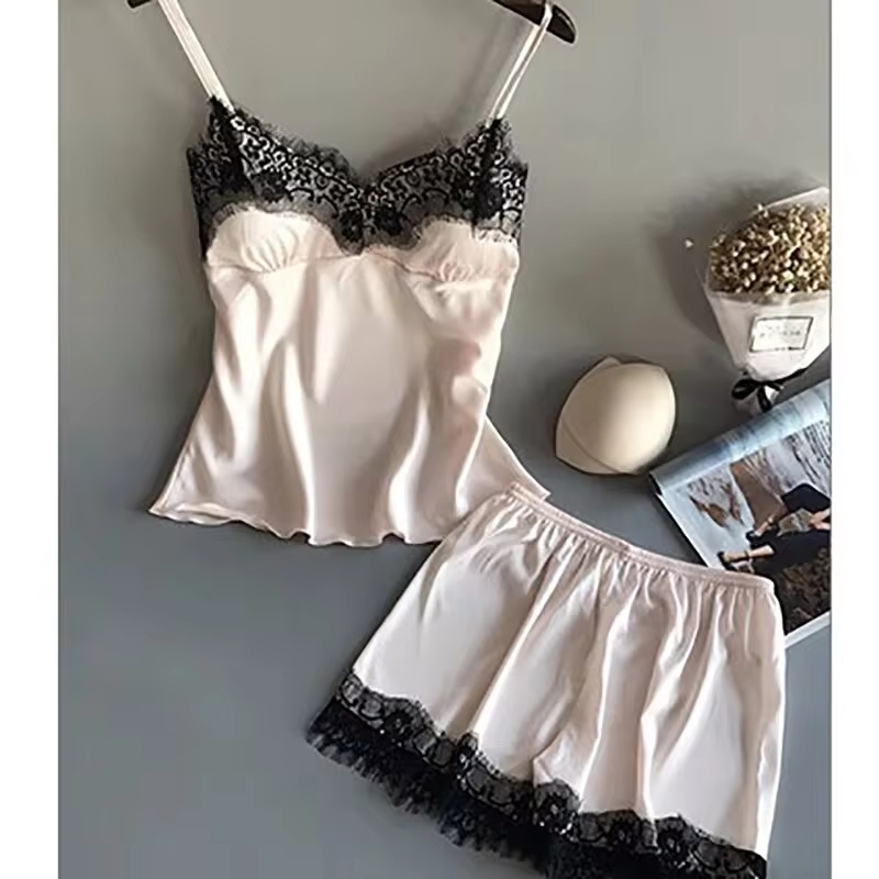 Women Pajama Suit Fashion VNeck Stretch Satin Babydoll Lace Sexy Lingerie Bowknot Pyjamas Sleep Sho 3