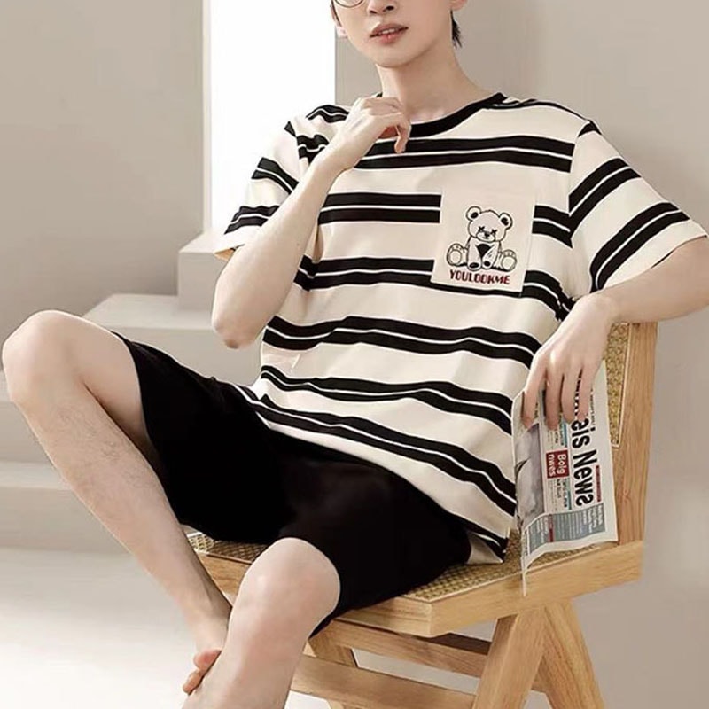 2 Piece Set Sleepwear Men Large Size Youth Pajamas Striped Bear Home Wear Man Nightwear Loungewear 2