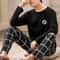 New Summer Mens Pyjamas Black Plaid Trousers LongSleeved TwoPiece Set Large Size Youth Home Wear Su 3