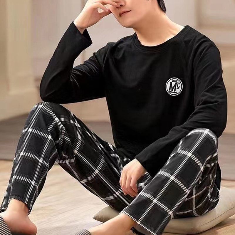 New Summer Mens Pyjamas Black Plaid Trousers LongSleeved TwoPiece Set Large Size Youth Home Wear Su 3