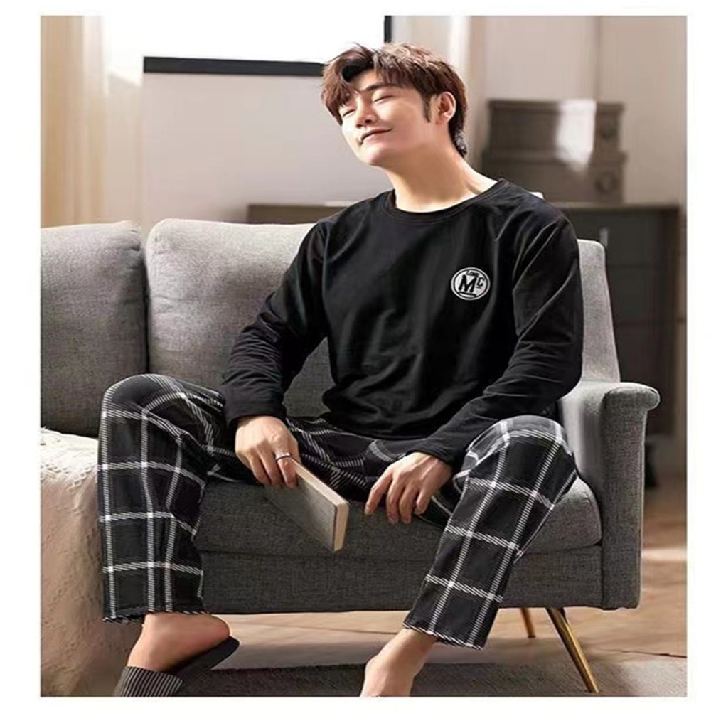New Summer Mens Pyjamas Black Plaid Trousers LongSleeved TwoPiece Set Large Size Youth Home Wear Su 2