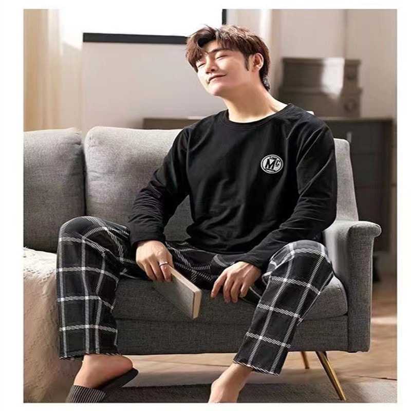 New Summer Mens Pyjamas Black Plaid Trousers LongSleeved TwoPiece Set Large Size Youth Home Wear Su 2