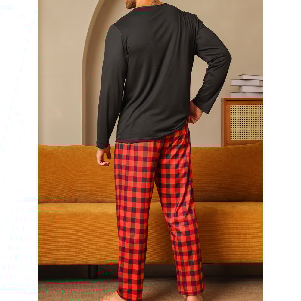 Mens Pajamas Two Piece Set Autumn And Winter Long Sleeved Pants Checkered Sleepwear Soft And Comfor 0