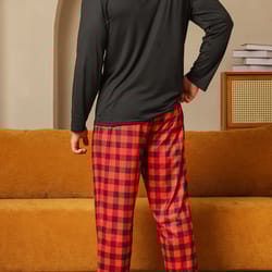 mens pajamas two piece set, autumn and winter long sleeved pants, checkered sleepwear, soft and comfortable polyester