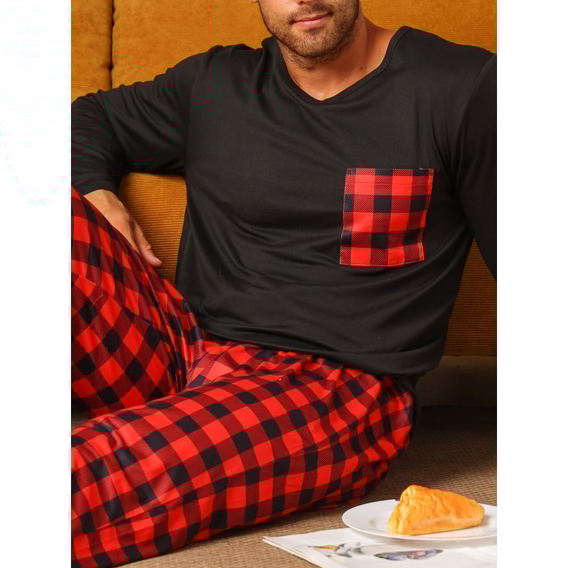 Mens Pajamas Two Piece Set Autumn And Winter Long Sleeved Pants Checkered Sleepwear Soft And Comfor 2