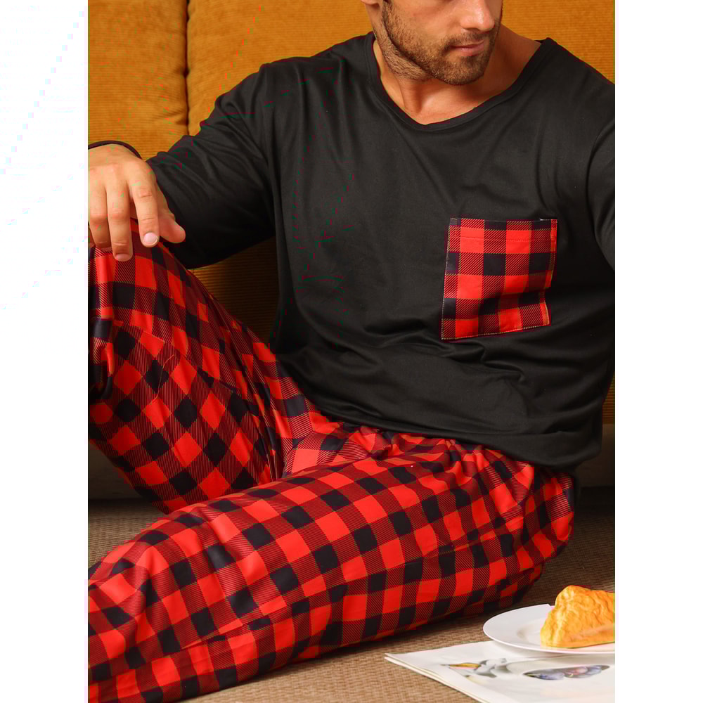 Mens Pajamas Two Piece Set Autumn And Winter Long Sleeved Pants Checkered Sleepwear Soft And Comfor 3