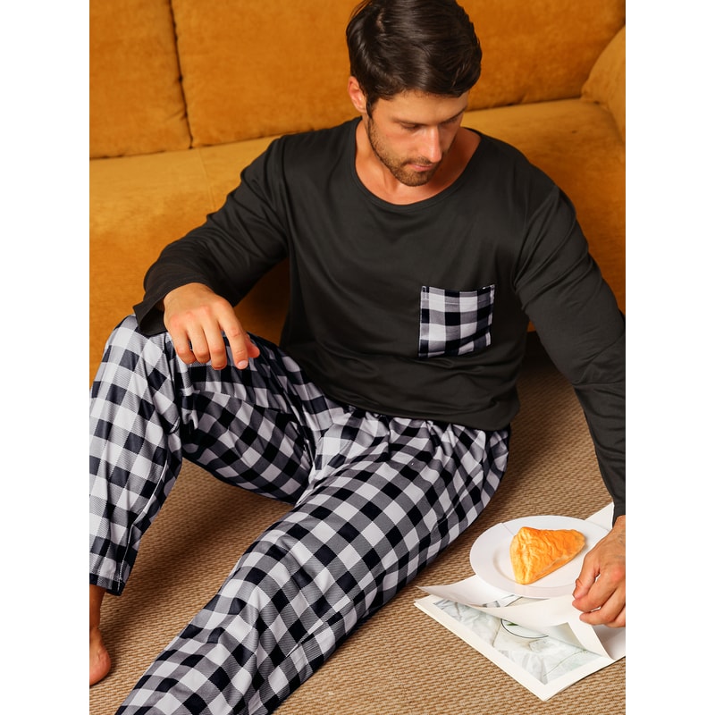 Mens Pajamas Two Piece Set Autumn And Winter Long Sleeved Pants Checkered Sleepwear Soft And Comfor 7