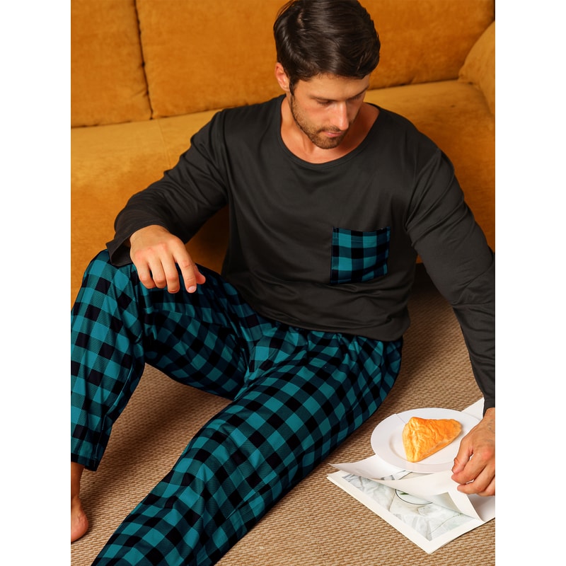 Mens Pajamas Two Piece Set Autumn And Winter Long Sleeved Pants Checkered Sleepwear Soft And Comfor 8