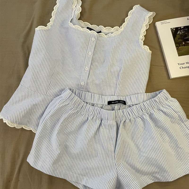 Striped Women Pajamas Summer Sleeveless Shorts Sets Lace Night Wears Tank Korean Sleeping Home Suit 0