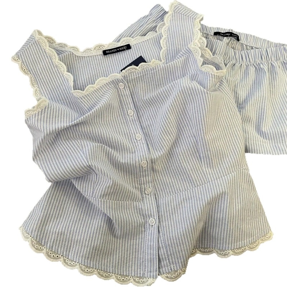 Striped Women Pajamas Summer Sleeveless Shorts Sets Lace Night Wears Tank Korean Sleeping Home Suit 3