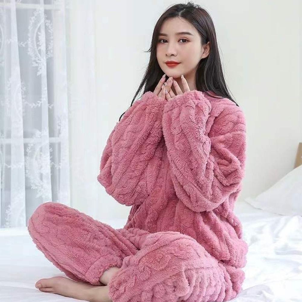Women Casual Pajama Sets Autumn Women Solid Warm Piece Sets Thicken Velvet Ribbed Fleece Set Pullov 8