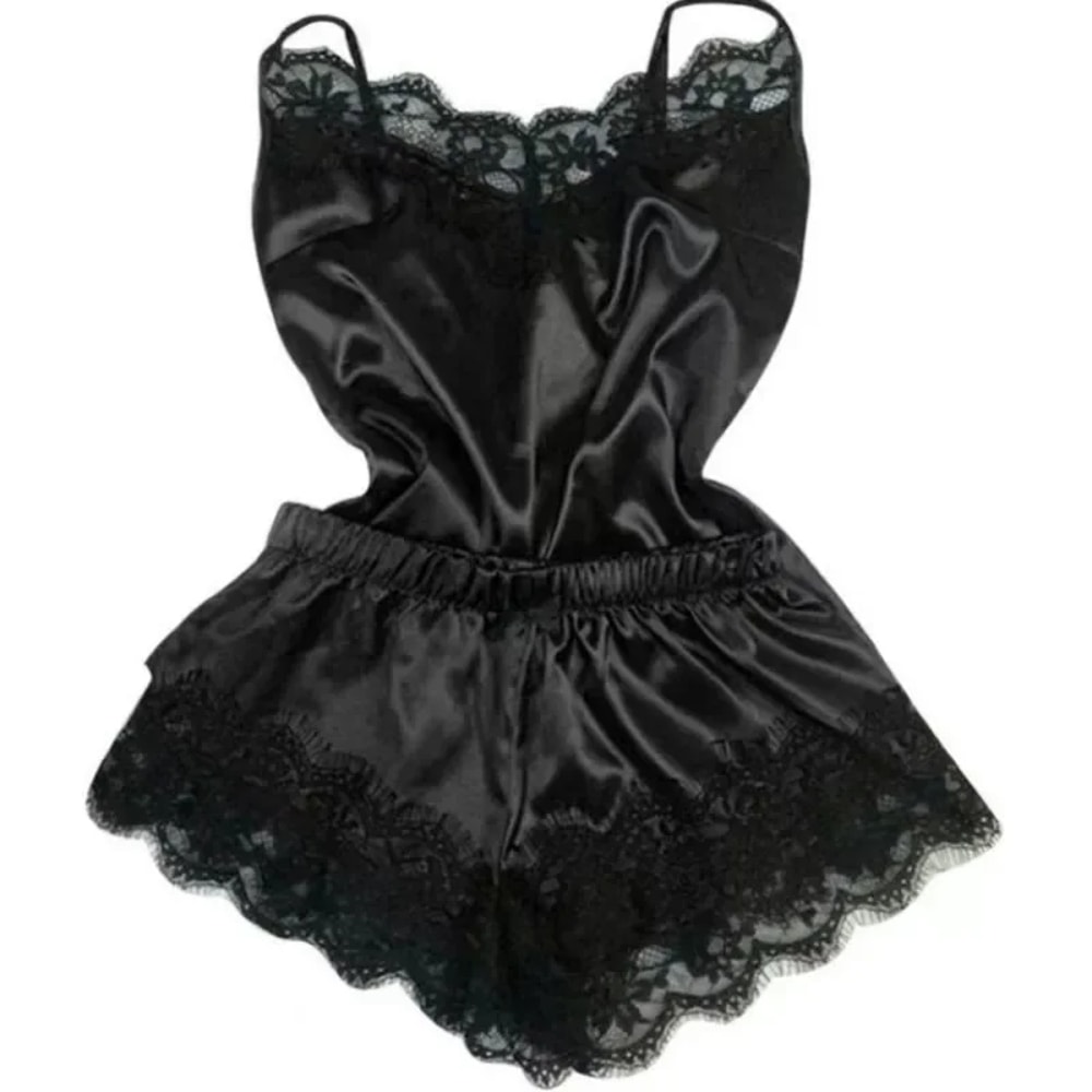 Sexy Lace Satin Pajama Set For Women VNeck Stretch Sleepwear Strap Vest Top Shorts Nightwear Linger 1