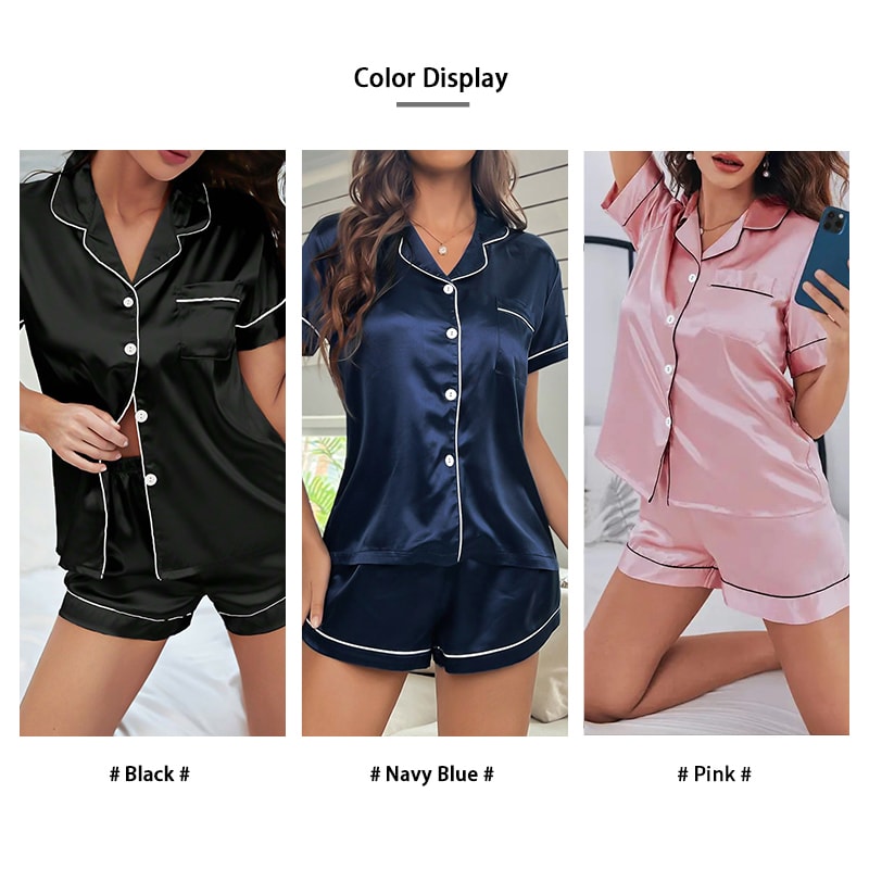 Women Summer Silk Satin Pajamas Set Button Down Top Shorts Loungewear Nightwear With Notched Colla 2