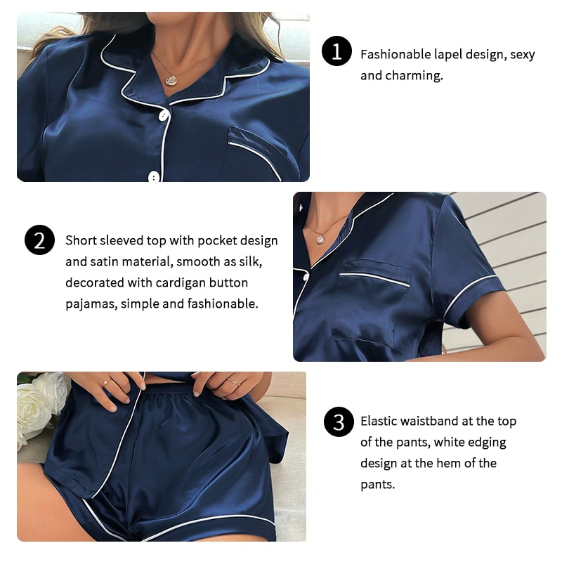 Women Summer Silk Satin Pajamas Set Button Down Top Shorts Loungewear Nightwear With Notched Colla 3