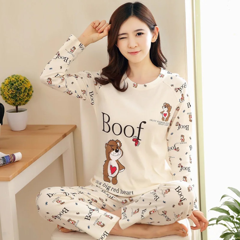 Women Autumn Thin Pyjamas Set Round Neck Bear Pajamas Teacup Cat Full Sleepwear Tops Lovers Pajama 5